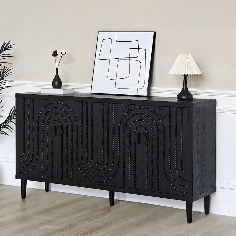 Wooden Storage Cabinet with 4 Doors, Modern Black Accent Cabinet, Free Standing Cabinet, Wooden Buffet Sideboards