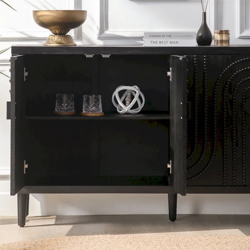 Wooden Storage Cabinet with 4 Doors, Modern Black Accent Cabinet, Free Standing Cabinet, Wooden Buffet Sideboards