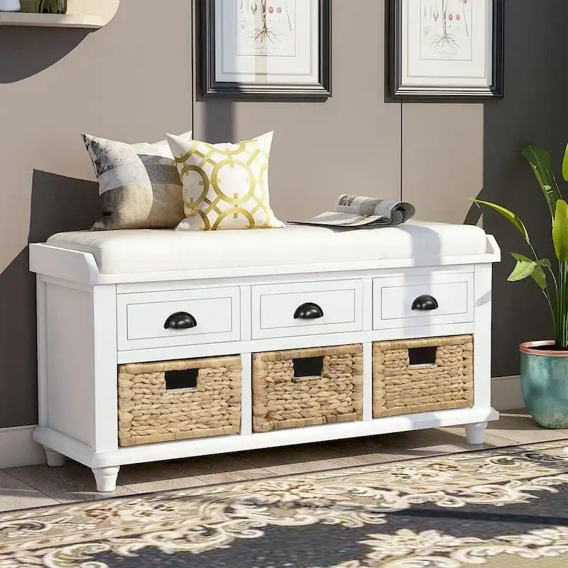 42.10 Farmhouse Versatile Entry Upholstered Storage Bench with 3 Drawers and 3 Rattan Baskets