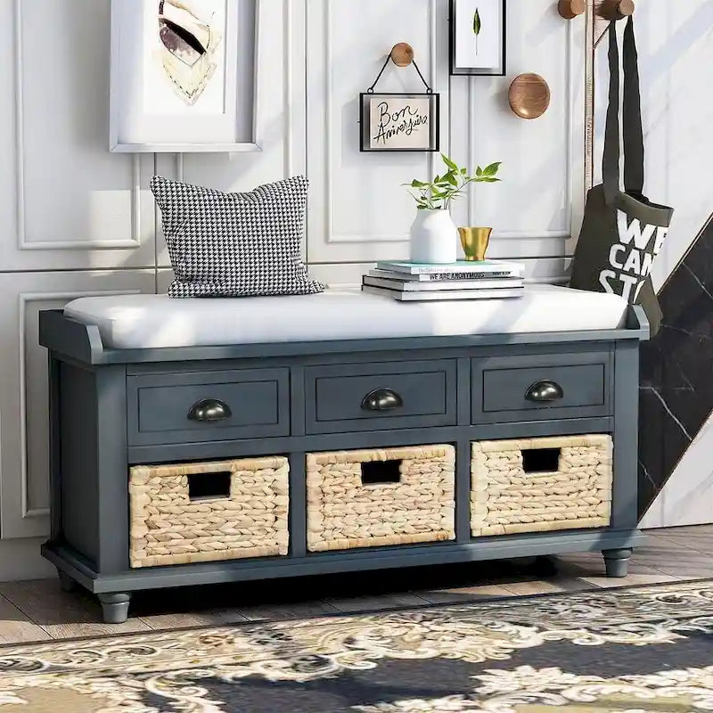 42.10 Farmhouse Versatile Entry Upholstered Storage Bench with 3 Drawers and 3 Rattan Baskets