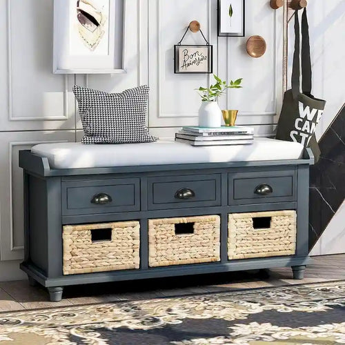 42.10 Farmhouse Versatile Entry Upholstered Storage Bench with 3 Drawers and 3 Rattan Baskets