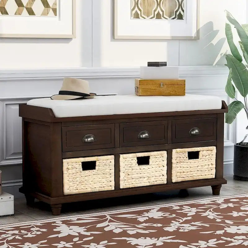 42.10 Farmhouse Versatile Entry Upholstered Storage Bench with 3 Drawers and 3 Rattan Baskets
