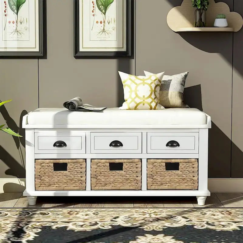 42.10 Farmhouse Versatile Entry Upholstered Storage Bench with 3 Drawers and 3 Rattan Baskets