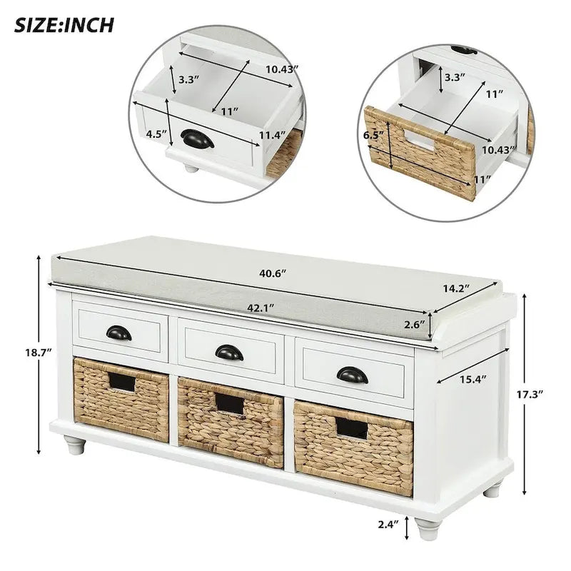 42.10 Farmhouse Versatile Entry Upholstered Storage Bench with 3 Drawers and 3 Rattan Baskets