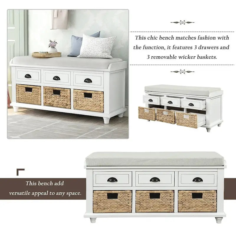 42.10 Farmhouse Versatile Entry Upholstered Storage Bench with 3 Drawers and 3 Rattan Baskets