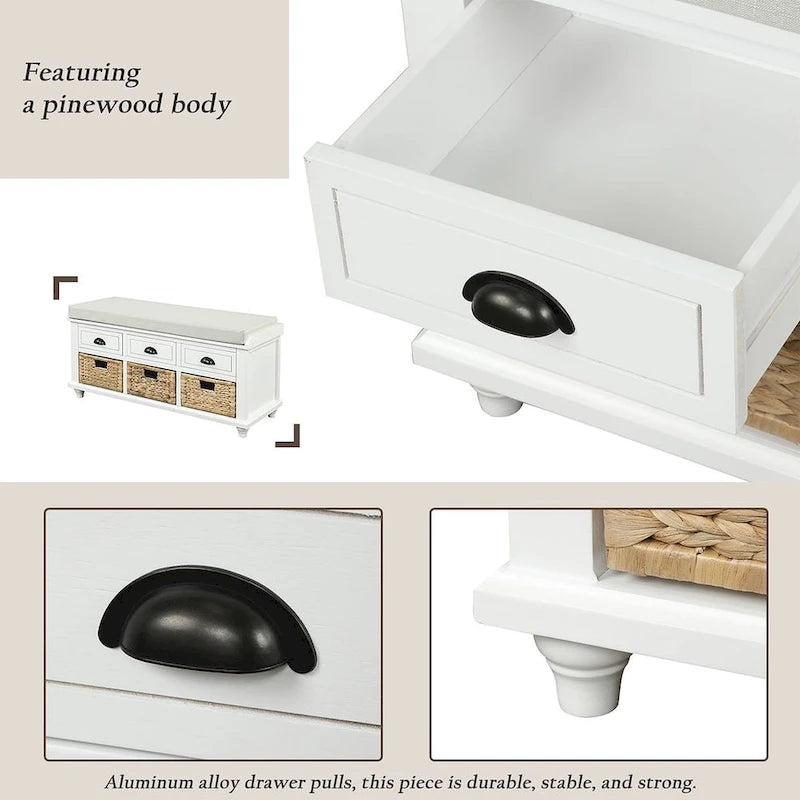 42.10 Farmhouse Versatile Entry Upholstered Storage Bench with 3 Drawers and 3 Rattan Baskets