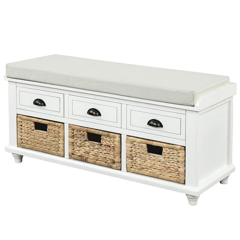42.10 Farmhouse Versatile Entry Upholstered Storage Bench with 3 Drawers and 3 Rattan Baskets