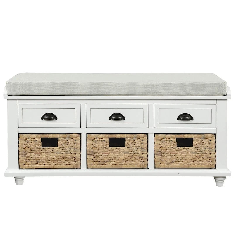 42.10 Farmhouse Versatile Entry Upholstered Storage Bench with 3 Drawers and 3 Rattan Baskets