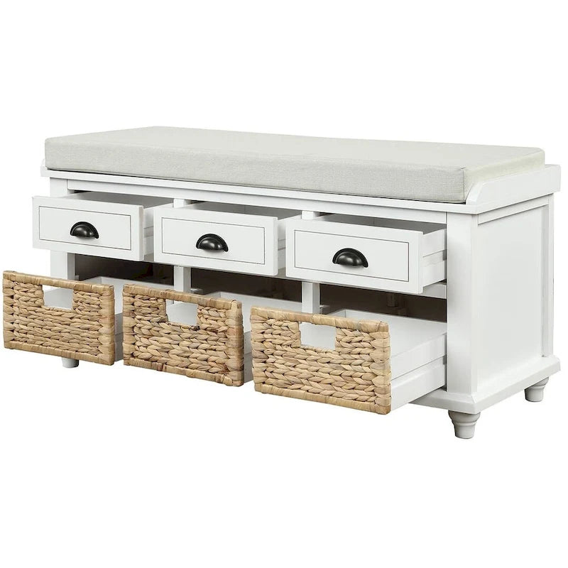 42.10 Farmhouse Versatile Entry Upholstered Storage Bench with 3 Drawers and 3 Rattan Baskets