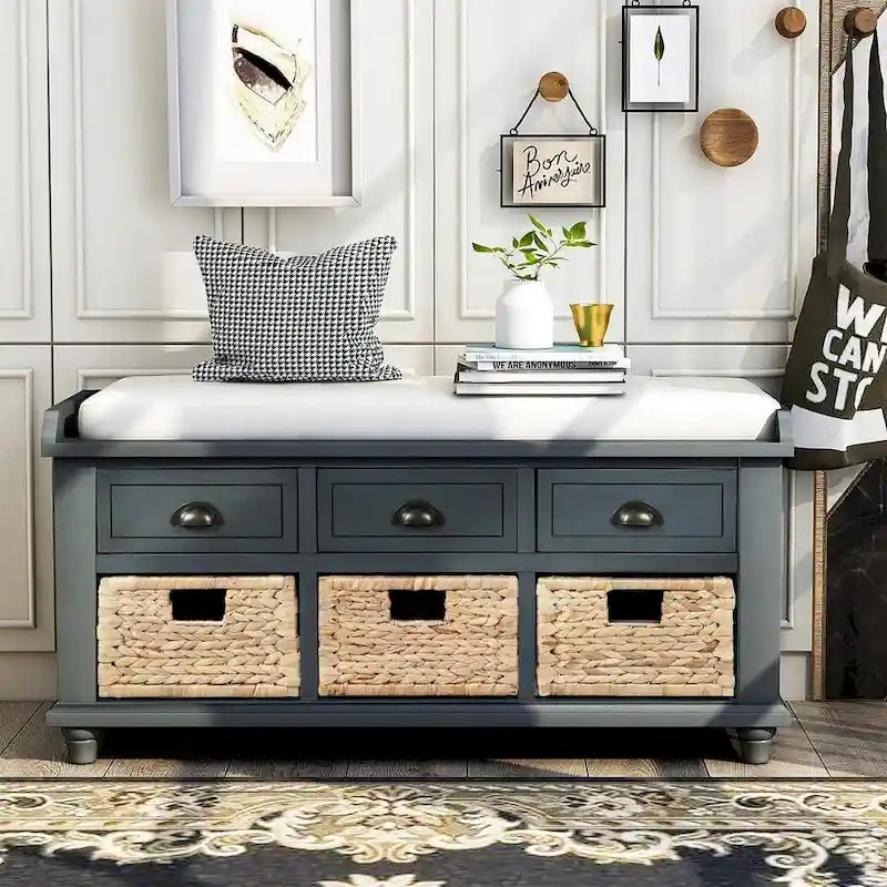 42.10 Farmhouse Versatile Entry Upholstered Storage Bench with 3 Drawers and 3 Rattan Baskets