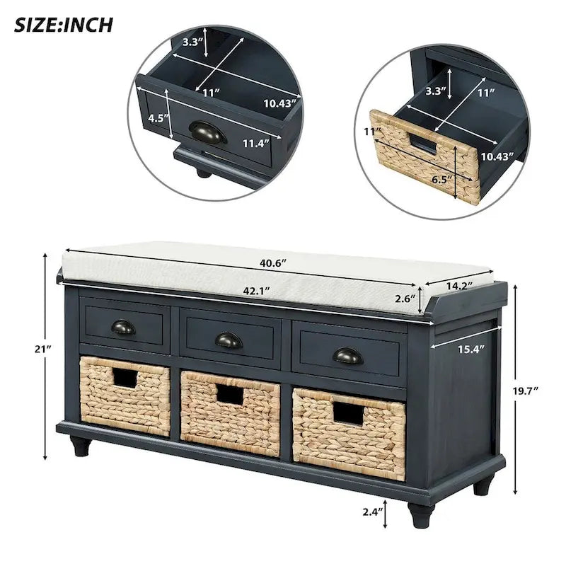 42.10 Farmhouse Versatile Entry Upholstered Storage Bench with 3 Drawers and 3 Rattan Baskets