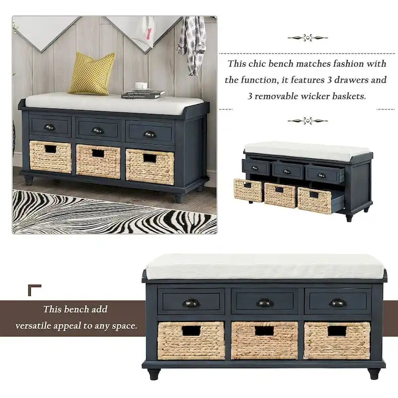 42.10 Farmhouse Versatile Entry Upholstered Storage Bench with 3 Drawers and 3 Rattan Baskets