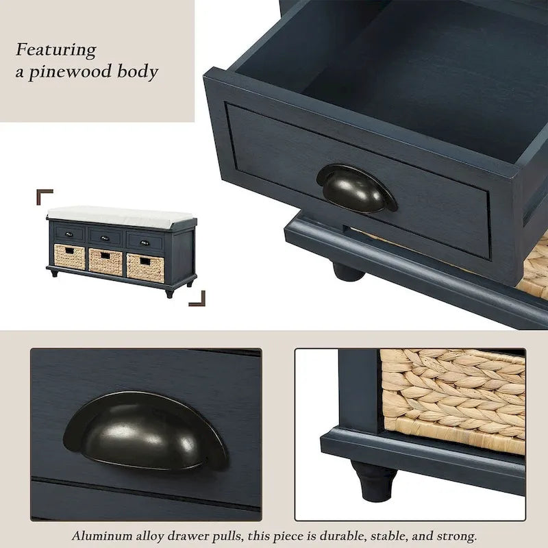 42.10 Farmhouse Versatile Entry Upholstered Storage Bench with 3 Drawers and 3 Rattan Baskets