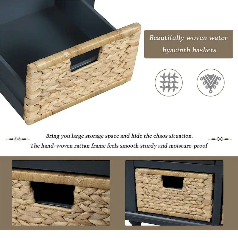 42.10 Farmhouse Versatile Entry Upholstered Storage Bench with 3 Drawers and 3 Rattan Baskets