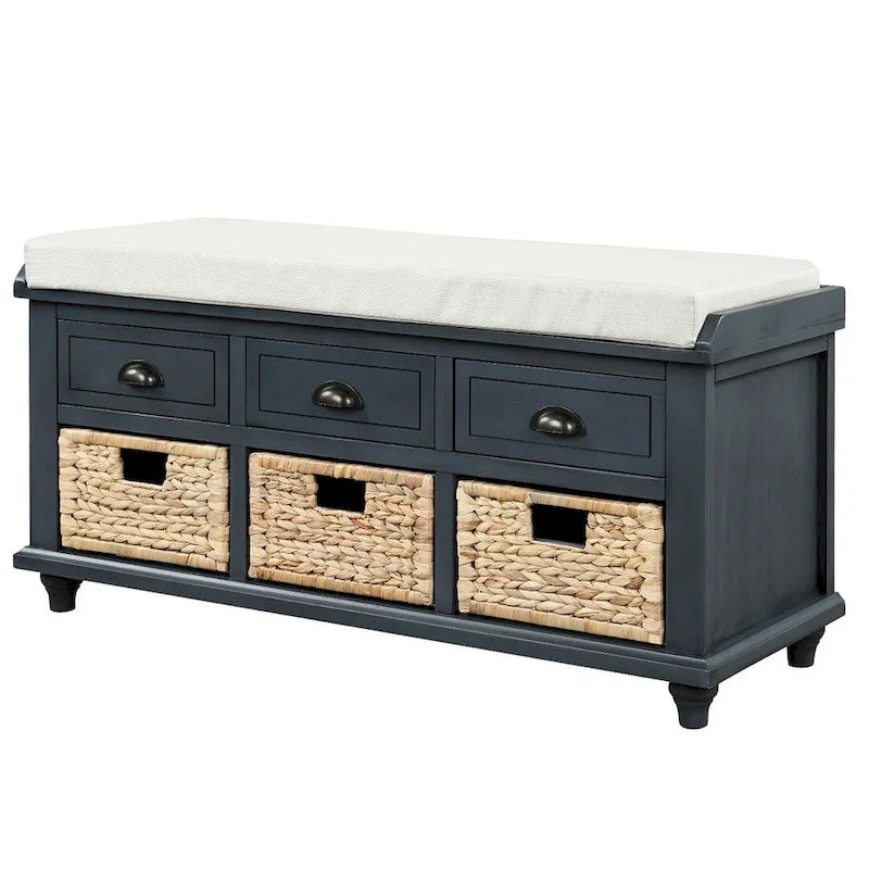 42.10 Farmhouse Versatile Entry Upholstered Storage Bench with 3 Drawers and 3 Rattan Baskets