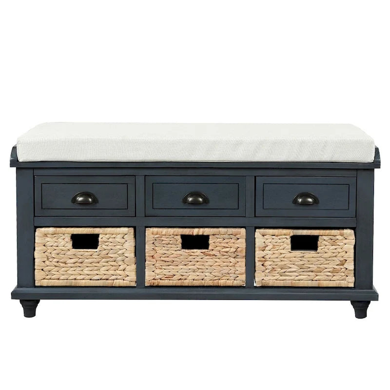 42.10 Farmhouse Versatile Entry Upholstered Storage Bench with 3 Drawers and 3 Rattan Baskets