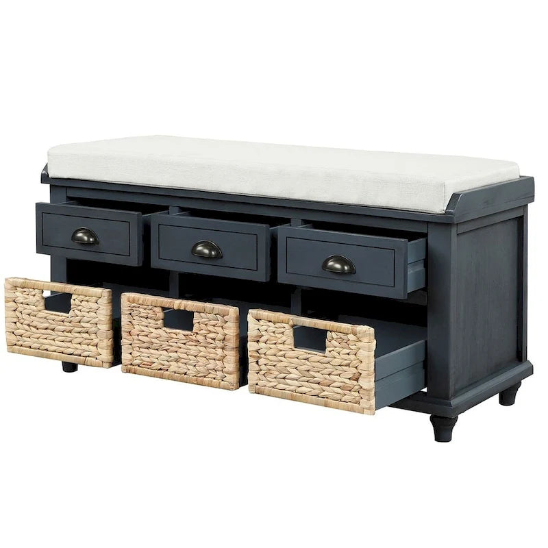 42.10 Farmhouse Versatile Entry Upholstered Storage Bench with 3 Drawers and 3 Rattan Baskets