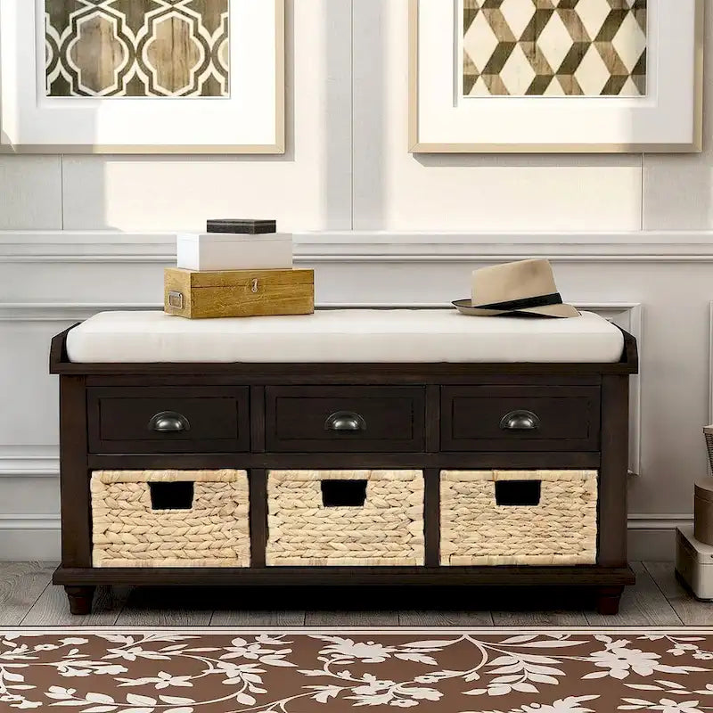 42.10 Farmhouse Versatile Entry Upholstered Storage Bench with 3 Drawers and 3 Rattan Baskets