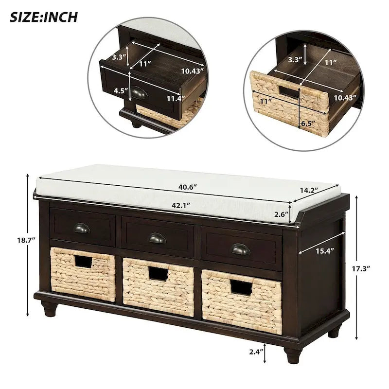 42.10 Farmhouse Versatile Entry Upholstered Storage Bench with 3 Drawers and 3 Rattan Baskets