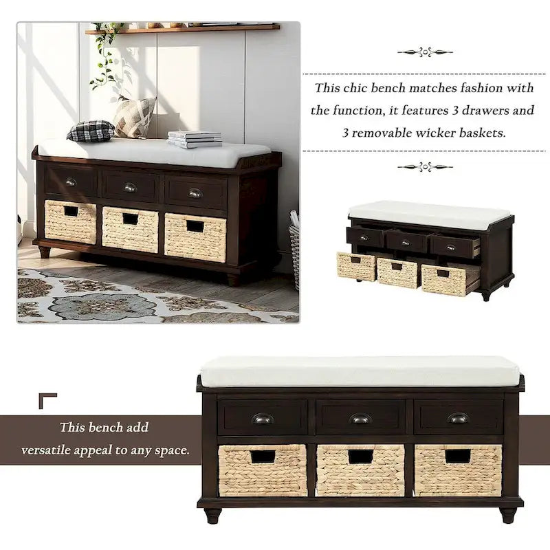 42.10 Farmhouse Versatile Entry Upholstered Storage Bench with 3 Drawers and 3 Rattan Baskets