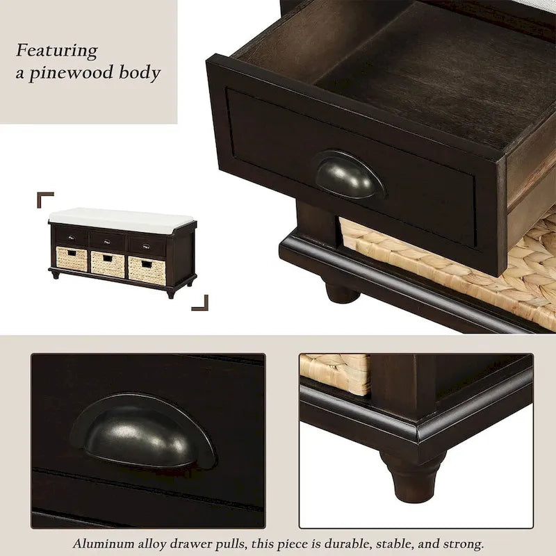 42.10 Farmhouse Versatile Entry Upholstered Storage Bench with 3 Drawers and 3 Rattan Baskets