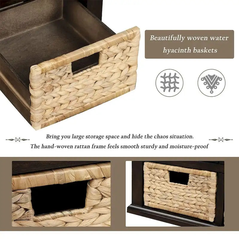 42.10 Farmhouse Versatile Entry Upholstered Storage Bench with 3 Drawers and 3 Rattan Baskets