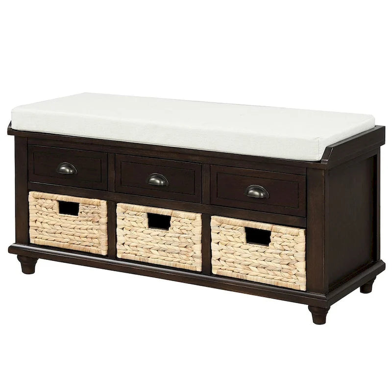42.10 Farmhouse Versatile Entry Upholstered Storage Bench with 3 Drawers and 3 Rattan Baskets