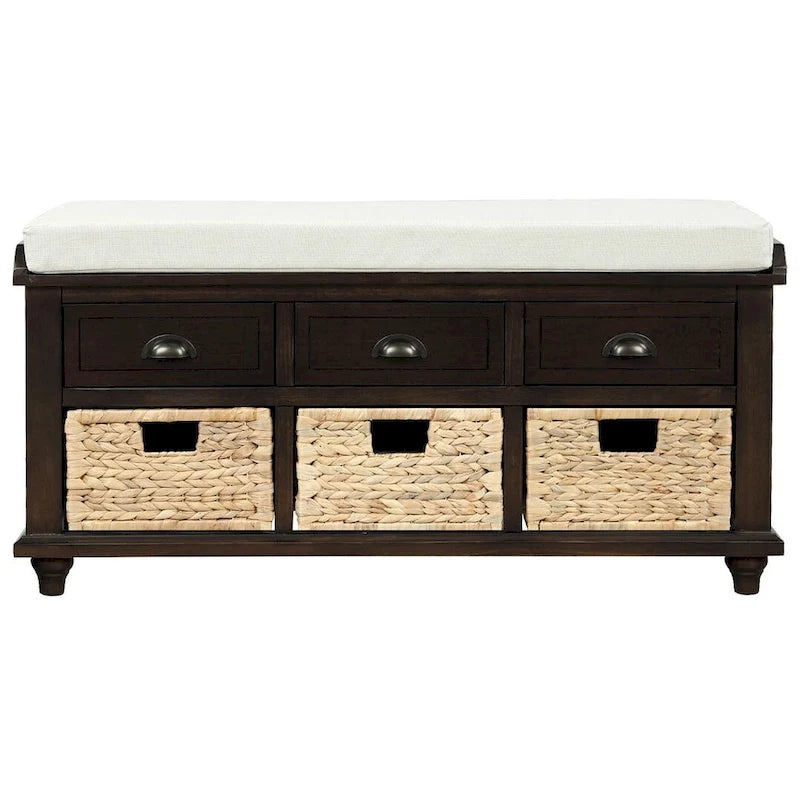 42.10 Farmhouse Versatile Entry Upholstered Storage Bench with 3 Drawers and 3 Rattan Baskets