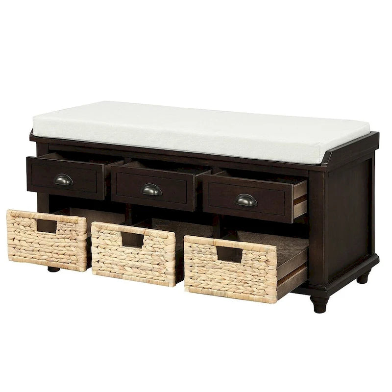 42.10 Farmhouse Versatile Entry Upholstered Storage Bench with 3 Drawers and 3 Rattan Baskets