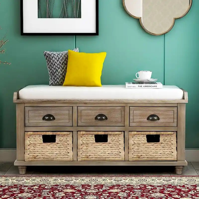 42.10 Farmhouse Versatile Entry Upholstered Storage Bench with 3 Drawers and 3 Rattan Baskets