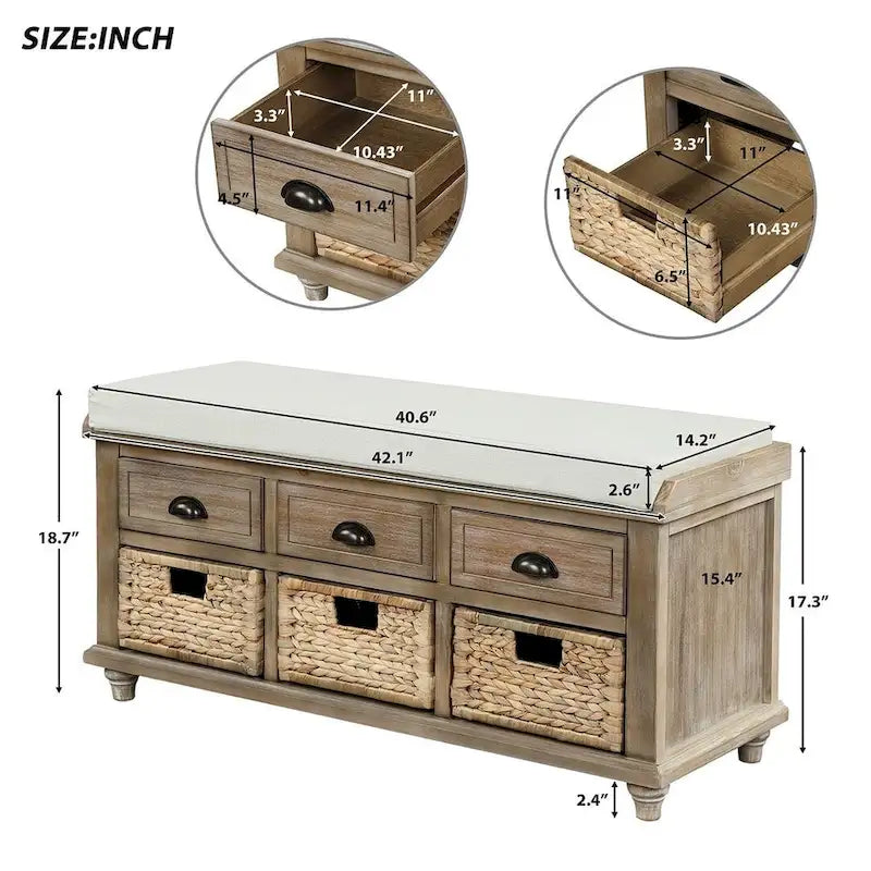 42.10 Farmhouse Versatile Entry Upholstered Storage Bench with 3 Drawers and 3 Rattan Baskets
