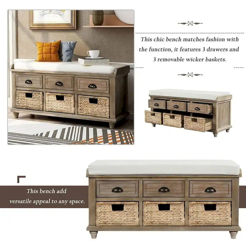 42.10 Farmhouse Versatile Entry Upholstered Storage Bench with 3 Drawers and 3 Rattan Baskets