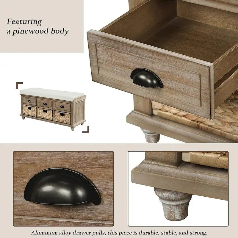 42.10 Farmhouse Versatile Entry Upholstered Storage Bench with 3 Drawers and 3 Rattan Baskets
