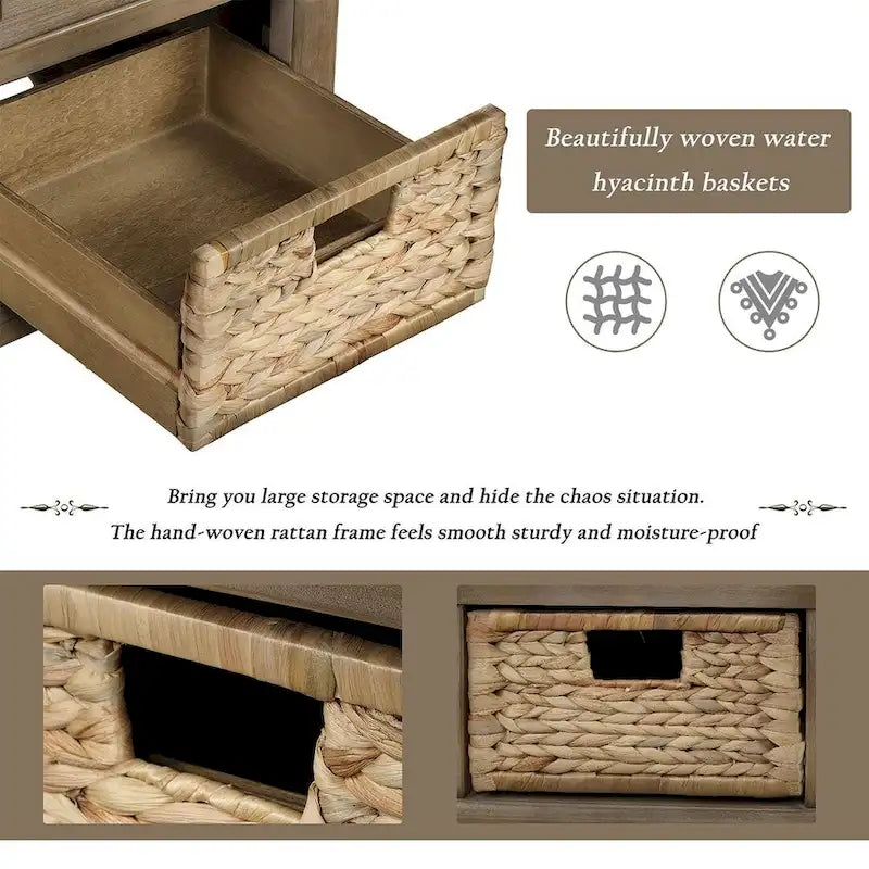 42.10 Farmhouse Versatile Entry Upholstered Storage Bench with 3 Drawers and 3 Rattan Baskets