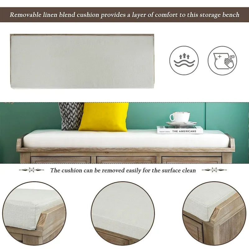 42.10 Farmhouse Versatile Entry Upholstered Storage Bench with 3 Drawers and 3 Rattan Baskets