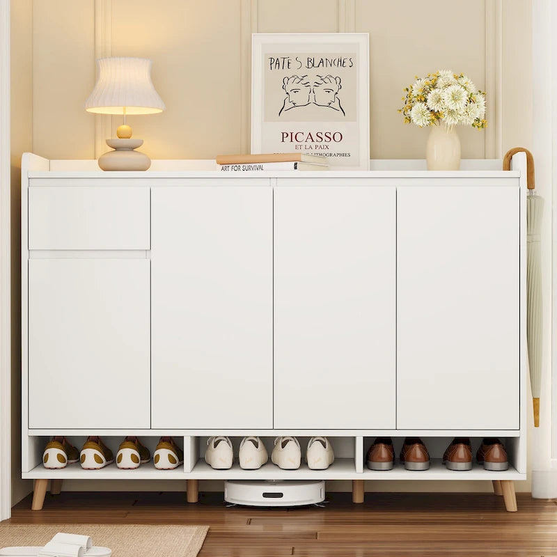 Sleek and Contemporary Shoe Cabinet with Adjustable Shelves, Minimalist Home Organizer with Solid Wood Legs