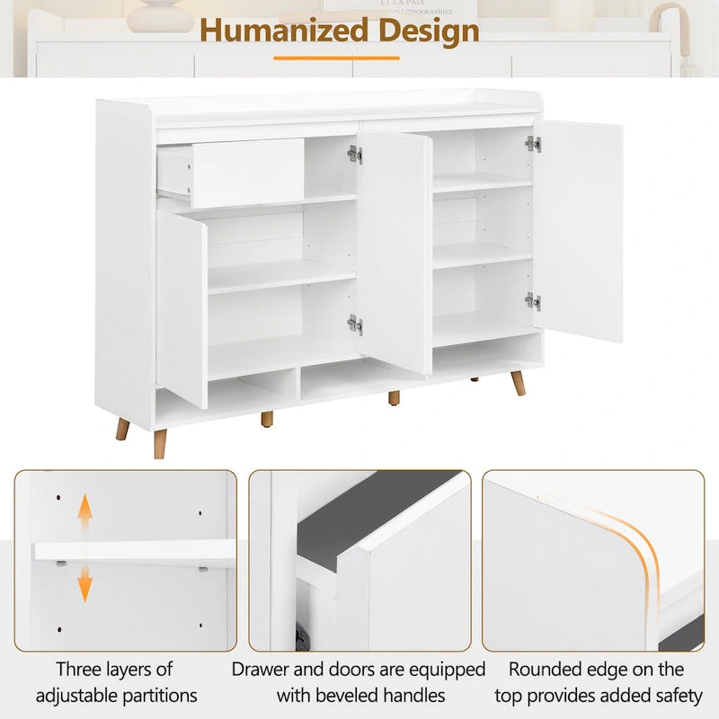 Sleek and Contemporary Shoe Cabinet with Adjustable Shelves, Minimalist Home Organizer with Solid Wood Legs