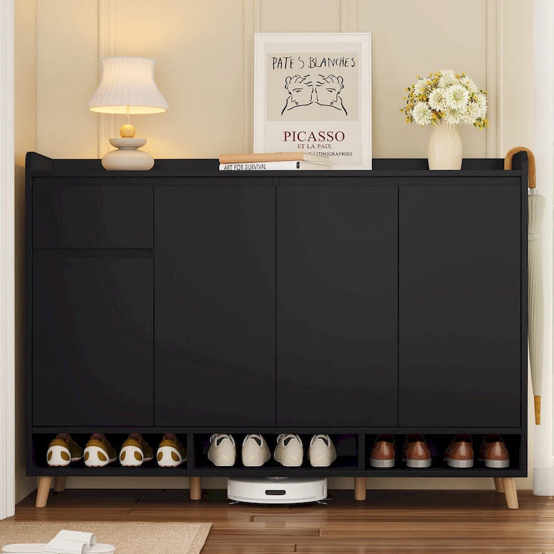 Sleek and Contemporary Shoe Cabinet with Adjustable Shelves, Minimalist Home Organizer with Solid Wood Legs