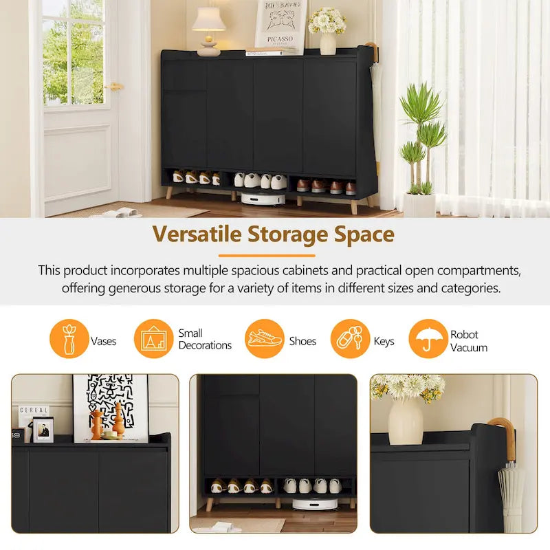 Sleek and Contemporary Shoe Cabinet with Adjustable Shelves, Minimalist Home Organizer with Solid Wood Legs