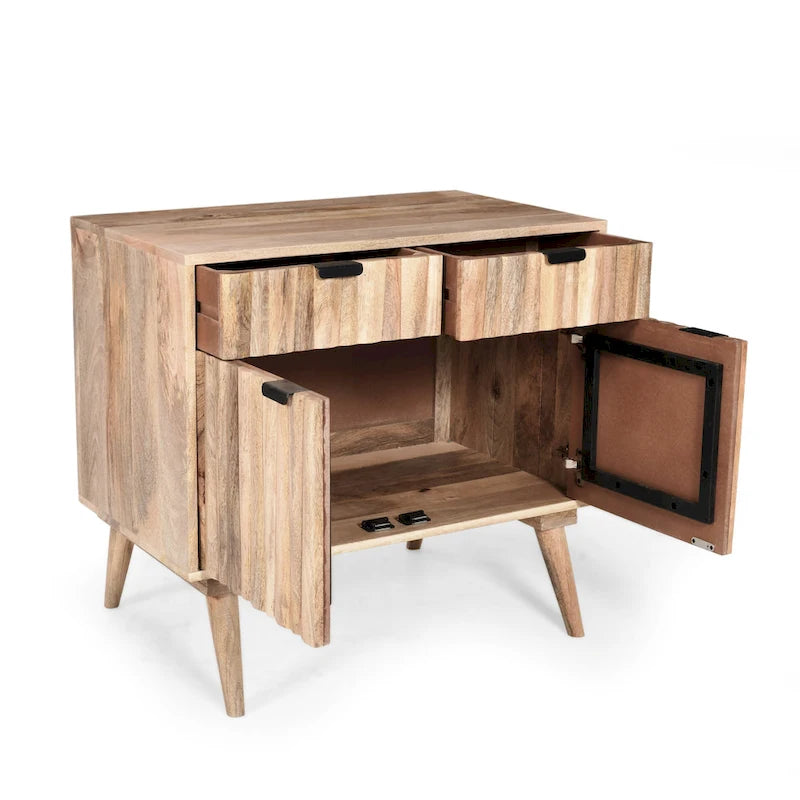Mid-Century Modern Handcrafted Mango Wood 2 Drawer Cabinet with 2 Doors by