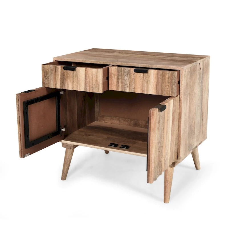Mid-Century Modern Handcrafted Mango Wood 2 Drawer Cabinet with 2 Doors by
