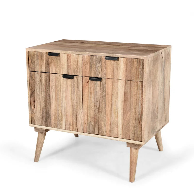 Mid-Century Modern Handcrafted Mango Wood 2 Drawer Cabinet with 2 Doors by
