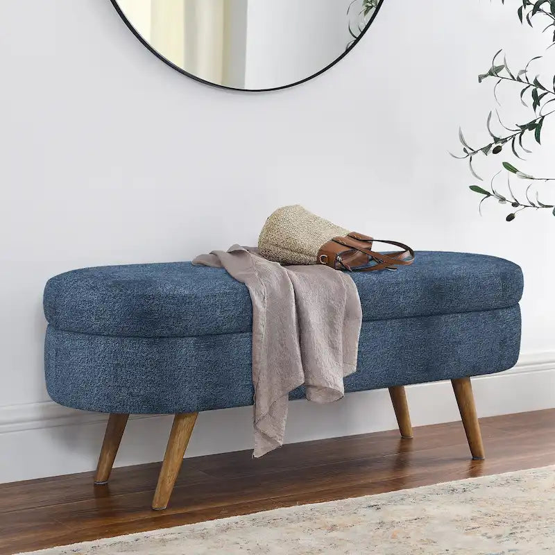 Oval Storage Bench Fabric Upholstered Entryway Bench with Rubber Wood Legs for Bedroom, Entryway, Living Room(43.5x16x16)