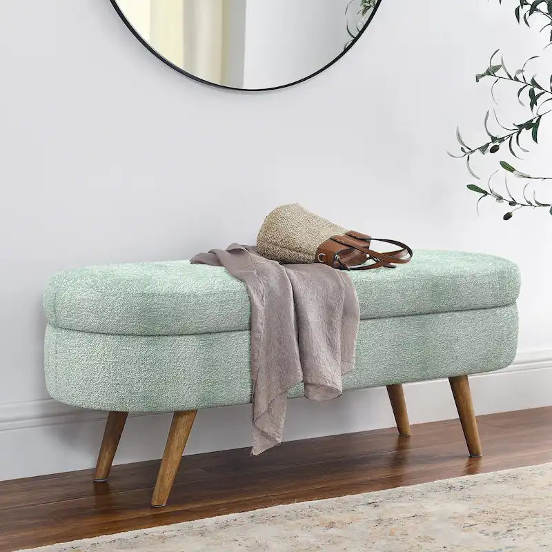 Oval Storage Bench Fabric Upholstered Entryway Bench with Rubber Wood Legs for Bedroom, Entryway, Living Room(43.5x16x16)