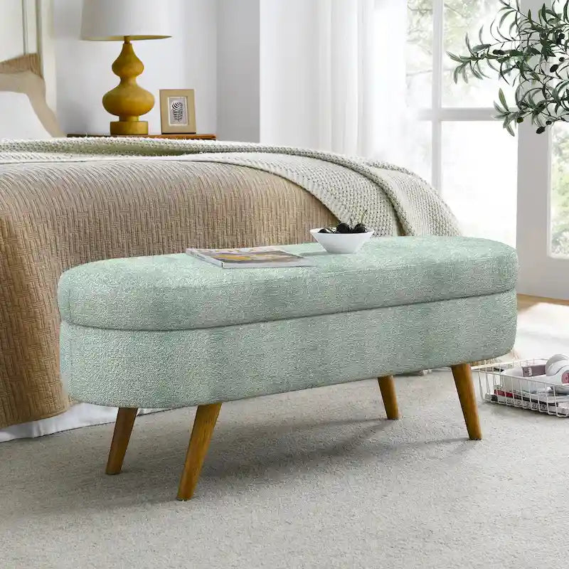Oval Storage Bench Fabric Upholstered Entryway Bench with Rubber Wood Legs for Bedroom, Entryway, Living Room(43.5x16x16)