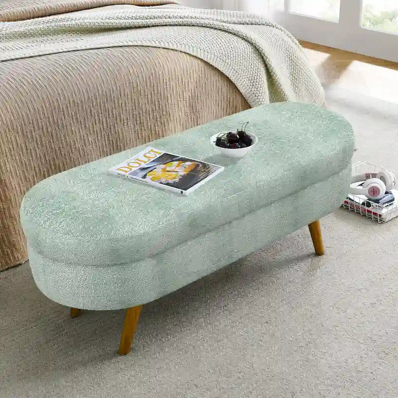 Oval Storage Bench Fabric Upholstered Entryway Bench with Rubber Wood Legs for Bedroom, Entryway, Living Room(43.5x16x16)