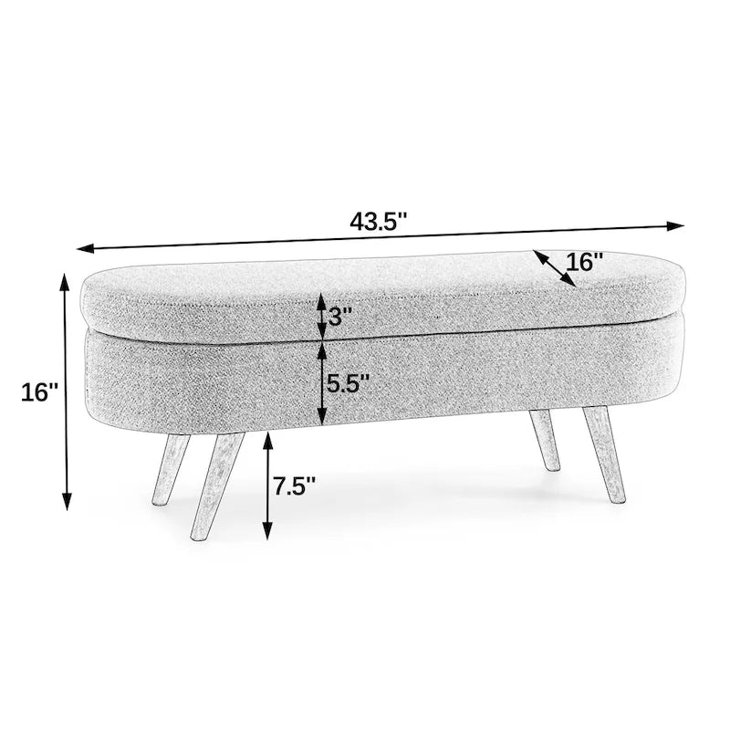 Oval Storage Bench Fabric Upholstered Entryway Bench with Rubber Wood Legs for Bedroom, Entryway, Living Room(43.5x16x16)