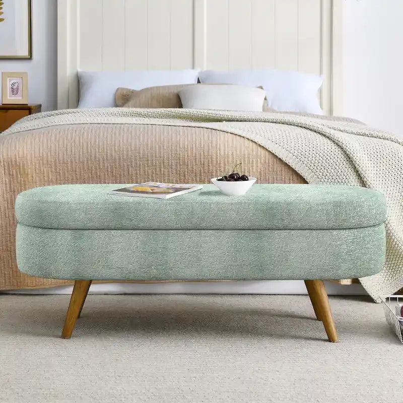 Oval Storage Bench Fabric Upholstered Entryway Bench with Rubber Wood Legs for Bedroom, Entryway, Living Room(43.5x16x16)