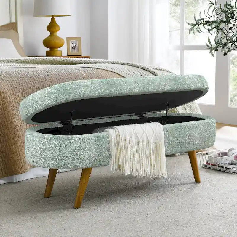 Oval Storage Bench Fabric Upholstered Entryway Bench with Rubber Wood Legs for Bedroom, Entryway, Living Room(43.5x16x16)