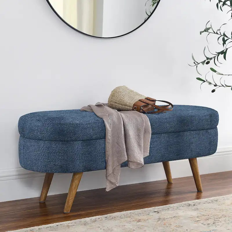 Oval Storage Bench Fabric Upholstered Entryway Bench with Rubber Wood Legs for Bedroom, Entryway, Living Room(43.5x16x16)